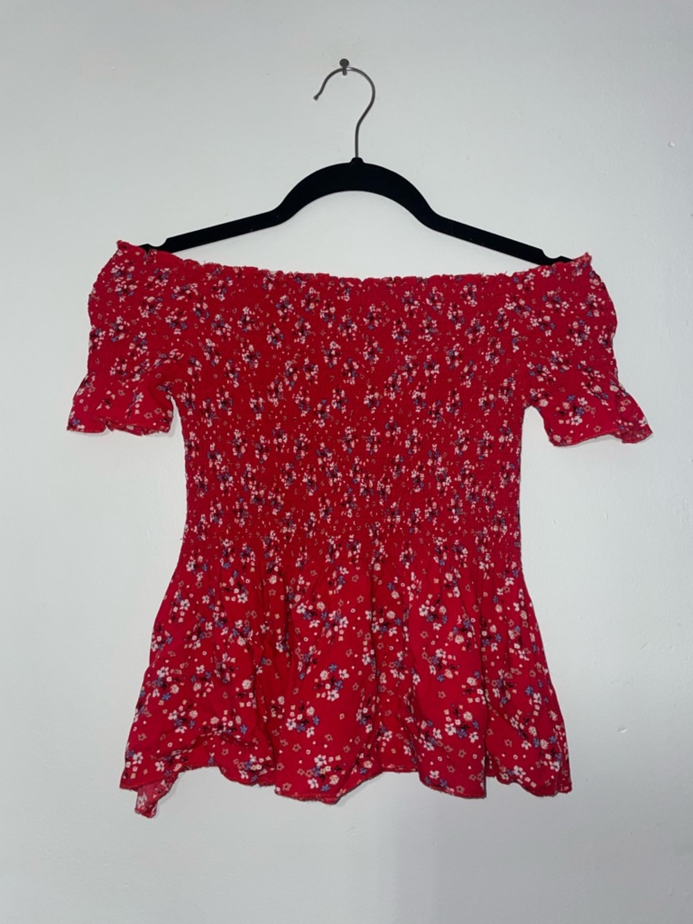 Red Floral Off-Shoulder Smocked Women’s Top
